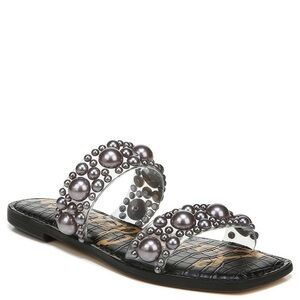 Sam Edelman Women Eleana Slip-On Textured Flat Sandals, Clear/Grey PVC